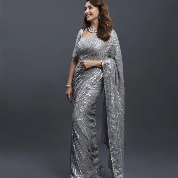 New Fancy Saree (Celebrity Inspired by Madhuri Dixit Nene) - silver, 5.5mtrs