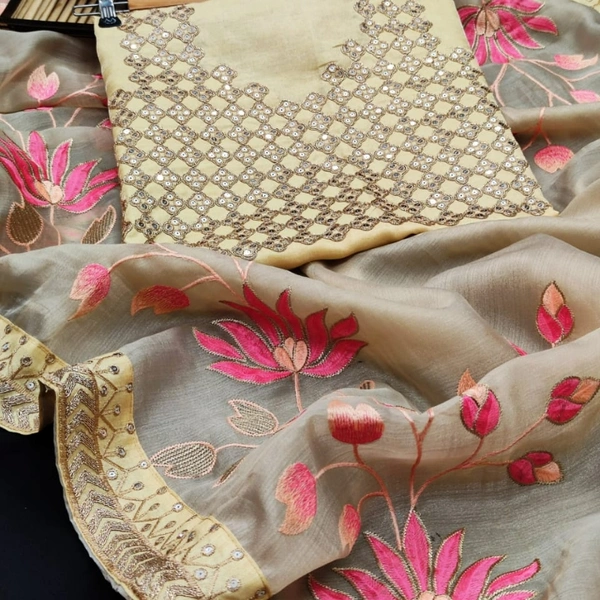 Soft Pure Khadi Organza Saree - cream , 6.6 mtrs