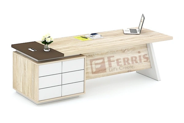 Ferris OFFICE TABLE WITH FIX SIDE PEDESTAL FP-MD-01 - Walnut,White,Grey,, 2100x900x750 MM.