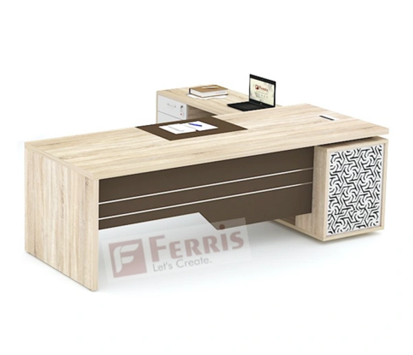 Ferris OFFICE TABLE WITH FIX SIDE UNIT FP-MD-08 - Teak,White,Black,, 2400x2100x750 MM.