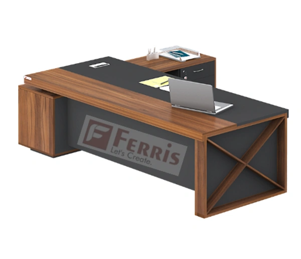 Ferris OFFICE TABLE WITH FIX SIDE UNIT PT1-03 - Teak,Grey,, 2500x2100x750 MM.