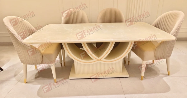 Ferris Furniture 6 Seater Modern Dining Table Set with Marble Top & PU Finish – Elegant Bent Ply Base (Variant) - PU Finish: On the bent ply base/legs , Marble Top: Polished stone (not PU), 6