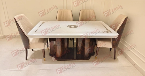 Ferris Furniture Luxury 6 Seater Dining Table Set with Marble Top & PU Finish – Bent Ply Structure | Premium Wooden Chairs