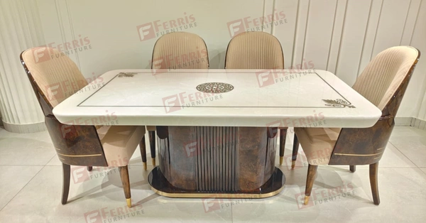 Ferris furniture 6 Seater Marble Top Dining Table Set with PU Finish – Luxury Bent Ply Base & Cushioned Chairs for Modern Homes