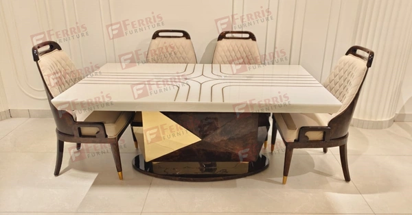 Ferris Furniture 6 Seater Luxury Dining Set with Italian Marble Top & High Gloss PU Base – Stylish Chairs for Home & Hotel Use