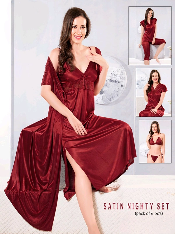 6 PC'S NIGHTY SET (MAROON COL.) - MAROON, FREE SIZE