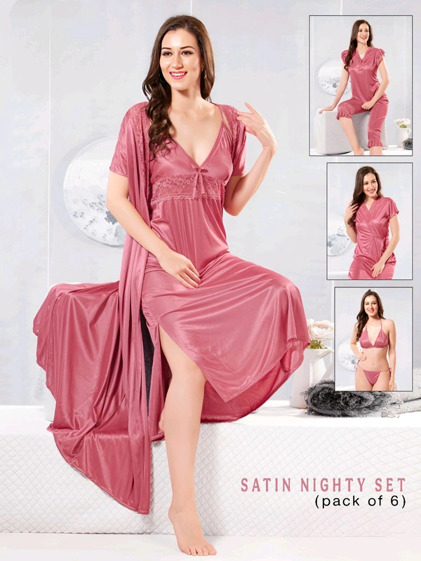 6 PC'S NIGHTY SET (ROSE COL.) - ROSE, FREE SIZE