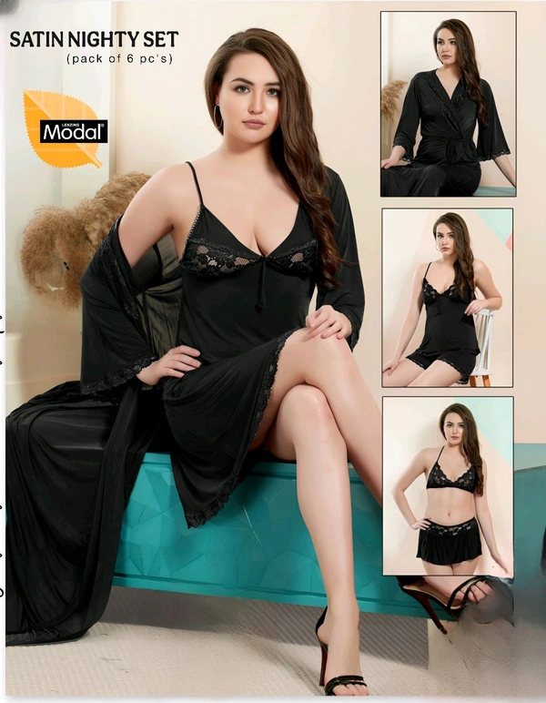 6 PC'S MODAL NIGHTY SET (BLACK COL.) - Black, FREE SIZE