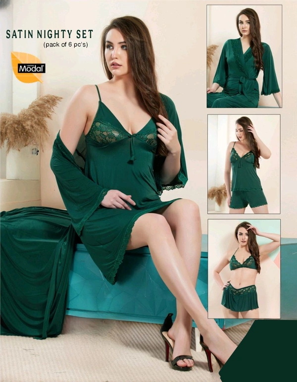 6 PC'S MODAL NIGHTY SET (OLIVE COL.) - OLIVE, FREE SIZE