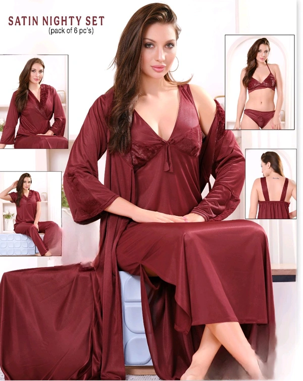 6 PC'S NIGHTY SET (C.RED COL.) - CHERRY RED, FREE SIZE