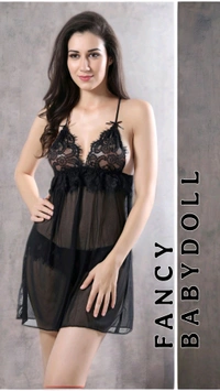 FANCY LACE NIGHTY(2PC) - Black, FREE SIZE