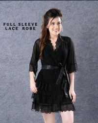 FANCY LACE  NIGHTY(3PC) - Black, FREE SIZE