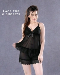 FANCY LACE  NIGHTY(3PC) - Black, FREE SIZE