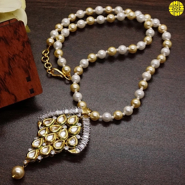 HJ Rich Looking  Pearl Kundan Ivory Pendant Set - F-217 - Pearl Ivory, Gold Plating