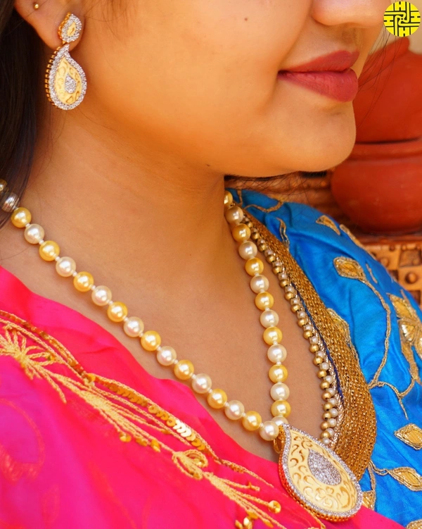 HJ Classic Designer Pearl With Meena Work Pendant Set - F-219 - Pearl Ivory, Gold Plating