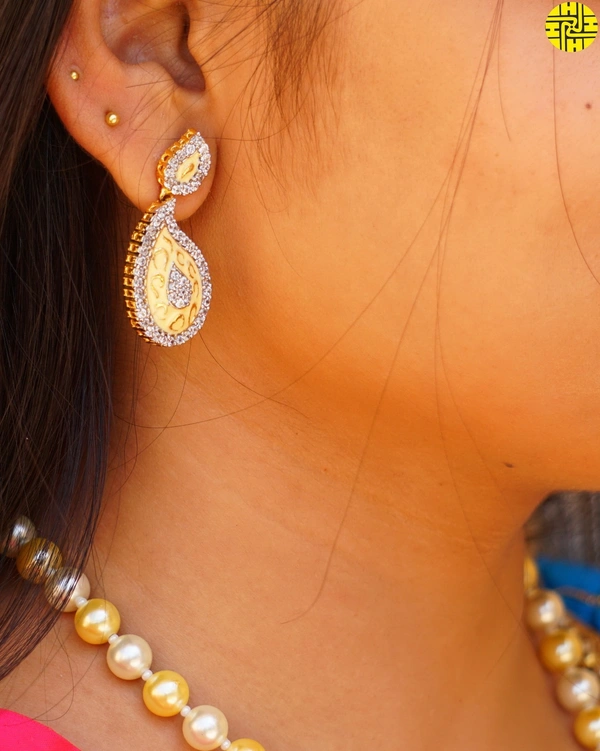 HJ Classic Designer Pearl With Meena Work Pendant Set - F-219 - Pearl Ivory, Gold Plating