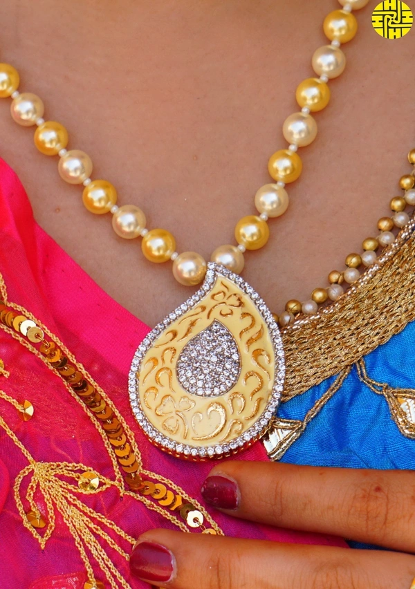 HJ Classic Designer Pearl With Meena Work Pendant Set - F-219 - Pearl Ivory, Gold Plating