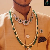 Blessi Royal Look Two line pearl mala - BL-009A - Green, Two Tone plating