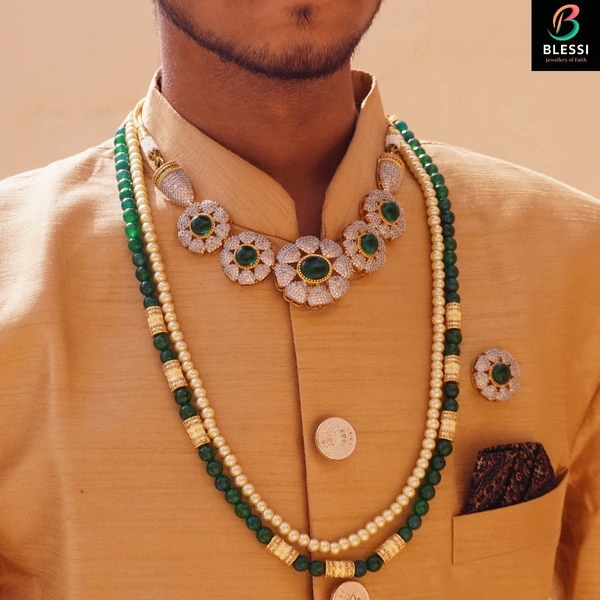 Blessi Royal Look Two line pearl mala - BL-009A - Green, Two Tone plating