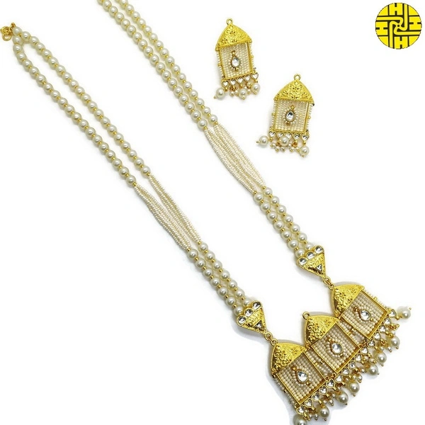SM Rich Looking Polki Kundan Long White Necklace Set - shn-052a - White, Gold Plating
