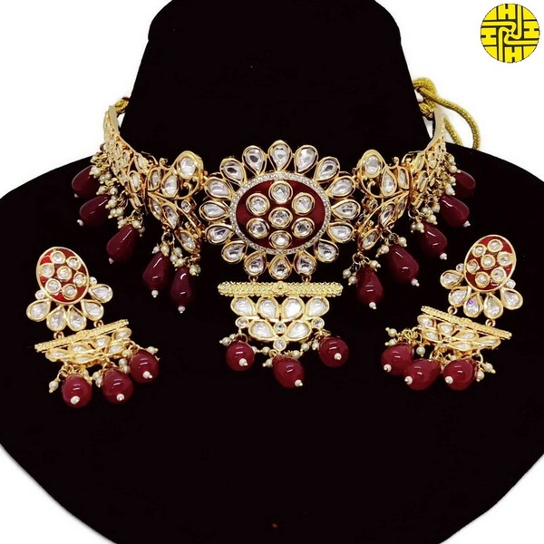 SM Classic Polki Kundan Maroon Choker Necklace Set - shn-072a - Maroon, Rose Gold Plating