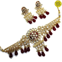 SM Classic Polki Kundan Maroon Choker Necklace Set - shn-072a - Maroon, Rose Gold Plating
