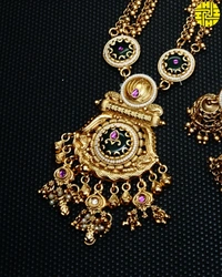 SM Classic Long Heritage Necklace Set - shn-89 - Multi, Antique Gold Polish