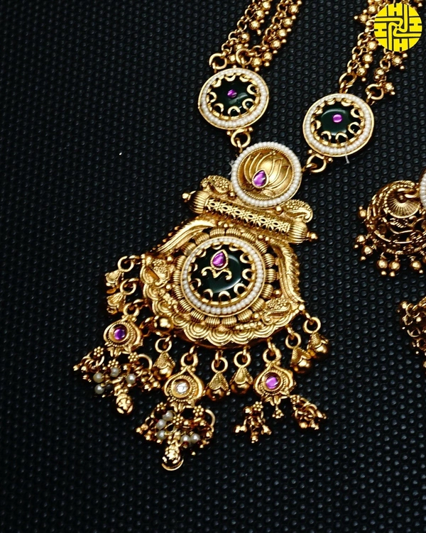 SM Classic Long Heritage Necklace Set - shn-89 - Multi, Antique Gold Polish