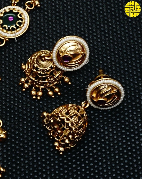 SM Classic Long Heritage Necklace Set - shn-89 - Multi, Antique Gold Polish