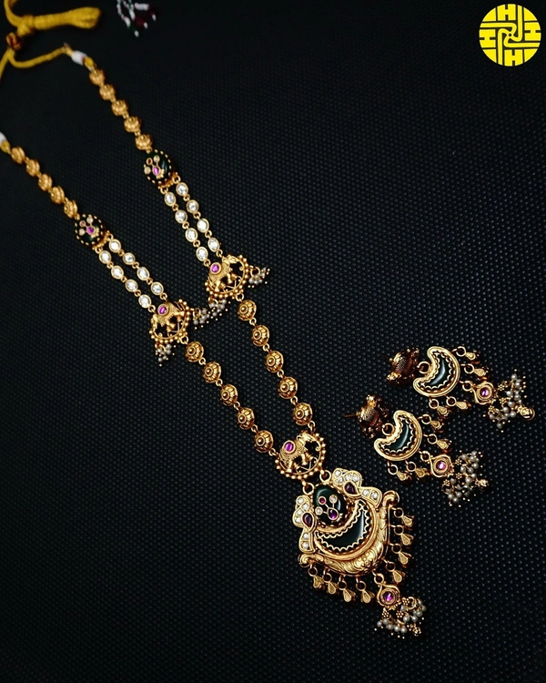 SM Elegant Look Long Heritage Necklace Set - shn-90 - Multi, Antique Gold Polish