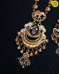 SM Elegant Look Long Heritage Necklace Set - shn-90 - Multi, Antique Gold Polish