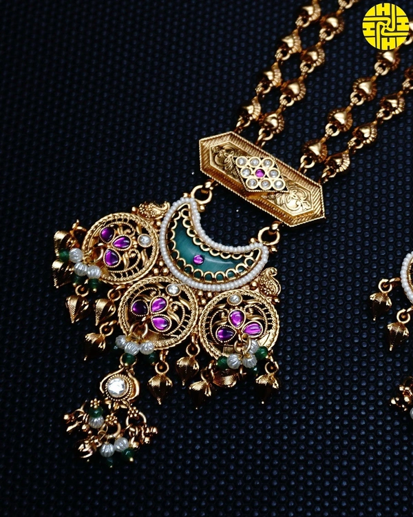 SM Royal Look Long Heritage Necklace Set - shn-91 - Multi, Antique Gold Polish