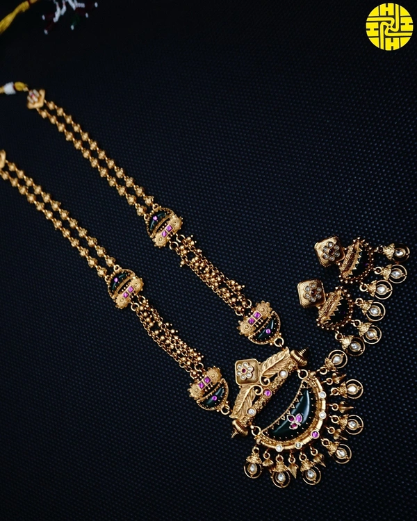 SM Graceful Long Heritage Necklace Set - shn-94 - Multi, Antique Gold Polish