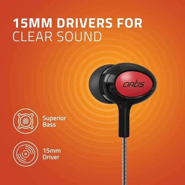 E400M Earphones With Mic (Black) - Black & Red, Small