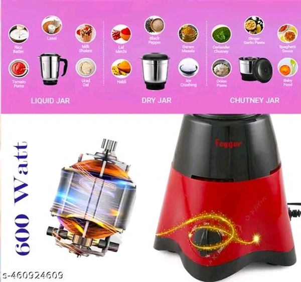 3 Jars Mixer GrinderName: 3 Jars Mixer GrinderBlade Material: Stainless SteelBody Material: PlasticJar Material: Stainless SteelNo Of Jars: 3Product Breadth: 18 CmProduct Height: 23 CmProduct Length: 18 CmCountry of Origin: India