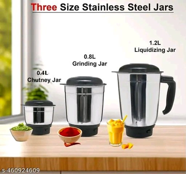3 Jars Mixer GrinderName: 3 Jars Mixer GrinderBlade Material: Stainless SteelBody Material: PlasticJar Material: Stainless SteelNo Of Jars: 3Product Breadth: 18 CmProduct Height: 23 CmProduct Length: 18 CmCountry of Origin: India