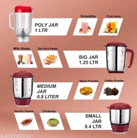  Mixer Grinder JarsName:  Mixer Grinder JarsBlade Material: Stainless SteelBody Material: Abs PlasticColor: RedJar Capacity: 1 LitreJar Material: Stainless SteelNet Quantity (N): 1No Of Jars: 4Operating Voltage: 230 VoltsPower Consumption: 500 WattsProduct Breadth: 21 CmProduct Height: 18 CmProduct Length: 32 CmProduct Weight: 2.5 KgWarranty: 2 Years Brand WarrantyWarranty Period: 