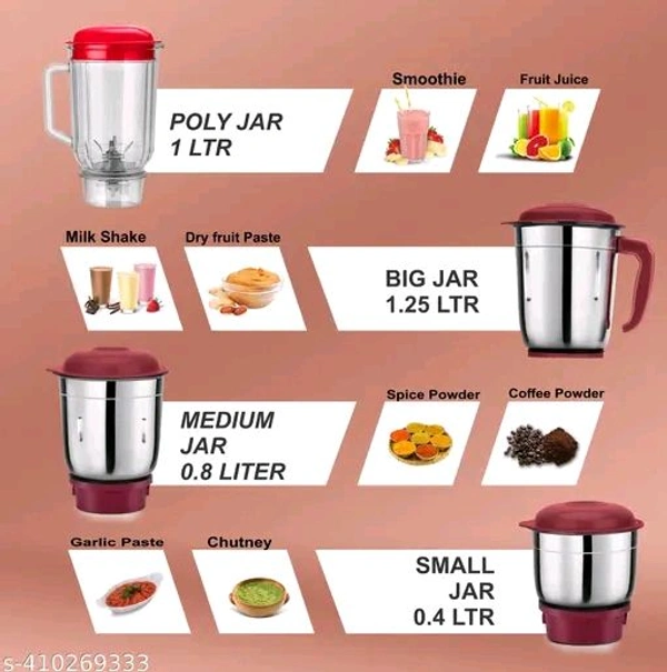  Mixer Grinder JarsName:  Mixer Grinder JarsBlade Material: Stainless SteelBody Material: Abs PlasticColor: RedJar Capacity: 1 LitreJar Material: Stainless SteelNet Quantity (N): 1No Of Jars: 4Operating Voltage: 230 VoltsPower Consumption: 500 WattsProduct Breadth: 21 CmProduct Height: 18 CmProduct Length: 32 CmProduct Weight: 2.5 KgWarranty: 2 Years Brand WarrantyWarranty Period: 