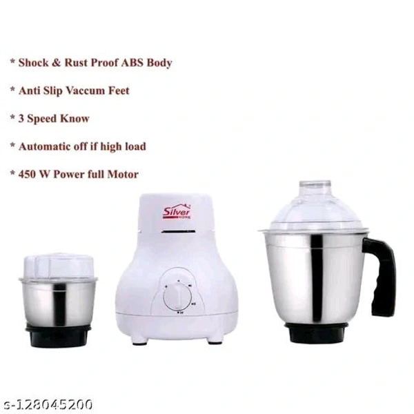 Classic Juicer Mixer GrindersName: Classic Juicer Mixer GrindersBlade Material: Stainless SteelBody Material: Abs PlasticJar Material: Stainless SteelNo Of Jars: 2Product Breadth: 21 CmProduct Height: 16 CmProduct Length: 16 CmNet Quantity (N): 1Net Quantity (N): 1Silver home, with the power of 450 watt is an effective Mixer Grinder for your kitchen 