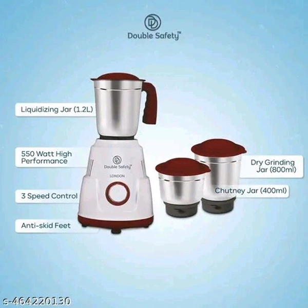 Double Safety Red Mixer Grinder 3 JarsName: Double Safety Red Mixer Grinder 3 JarsProduct Breadth: 30 CmProduct Height: 20 CmProduct Length: 23 CmRed colour Premium Mixer Grinder with 3 Jars Country of Origin: India