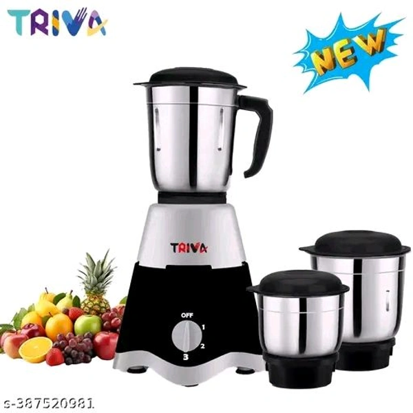 Triva MINISTAR750 Mixer Grinder-500w,3Jars (Liquidizing, Grinding, 400Ml Big Chutney Jar),3 Speed Settings and Stainless Steel Blades, Copper Armature Motor,Overload Protection, BLACK Colour, 1 Year WarrantyName: Triva MINISTAR750 Mixer Grinder-500w,3Jars (Liquidizing, Grinding, 400Ml Big Chutney Jar),3 Speed Settings and Stainless Steel Blades, Copper Armature Motor,Overload Prote