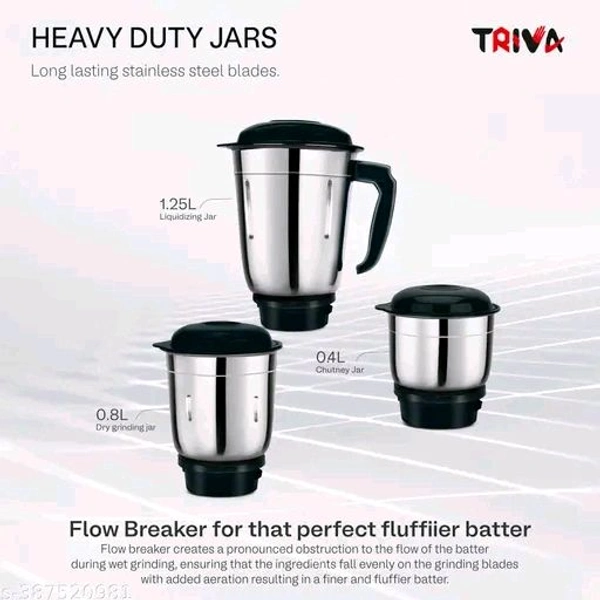 Triva MINISTAR750 Mixer Grinder-500w,3Jars (Liquidizing, Grinding, 400Ml Big Chutney Jar),3 Speed Settings and Stainless Steel Blades, Copper Armature Motor,Overload Protection, BLACK Colour, 1 Year WarrantyName: Triva MINISTAR750 Mixer Grinder-500w,3Jars (Liquidizing, Grinding, 400Ml Big Chutney Jar),3 Speed Settings and Stainless Steel Blades, Copper Armature Motor,Overload Prote