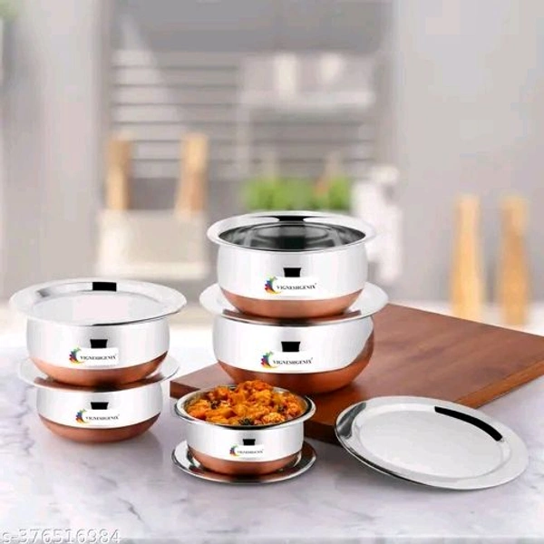  Copper Bottom Handi Pot 5 Piece Set/Steel Handi SetName:  Copper Bottom Handi Pot 5 Piece Set/Steel Handi SetMaterial: Stainless SteelInduction Base: YesLid Included: YesNon stick: YesProduct Breadth: 1 CmProduct Height: 0.5 CmProduct Length: 1 CmNet Quantity (N): Pack Of 5VIGNESHGENIX  Copper Bottom Handi Pot 5 Piece Set/Steel Handi Set Country of Origin: India