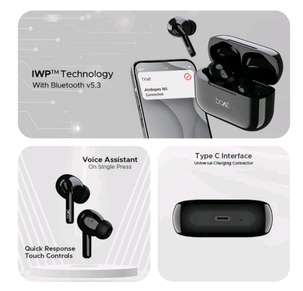 boAt Airdopes 161, 6 Month Warranty  - black, 3.2 x 2.6 x 1.6 cm
