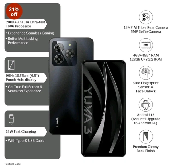 Lava Yuva 3 (Eclipse Black, 4+4*GB + 128GB)|Segment's Most Affordable Smartphone with 128 GB (UFS 2.2) Storage | 90Hz Punch Hole Display|13MP AI Triple Camera|Side Fingerprint Sensor |Bloatware Free - Eclipse Black, 128 GB