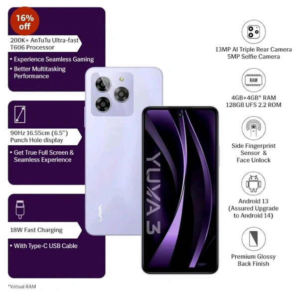 Lava Yuva 3 (Eclipse Black, 4+4*GB + 128GB)|Segment's Most Affordable Smartphone with 128 GB (UFS 2.2) Storage | 90Hz Punch Hole Display|13MP AI Triple Camera|Side Fingerprint Sensor |Bloatware Free - Cosmic Lavender, 128 GB