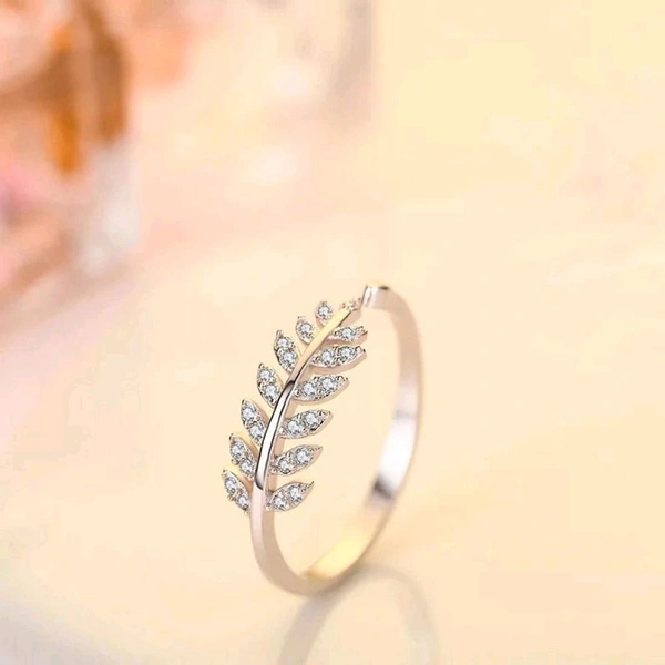 Leaf Design Alloy Ring - Silver, Adjustable