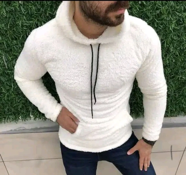 Woolen Full Sleeves Hooded Sweatshirt for Men - M, White