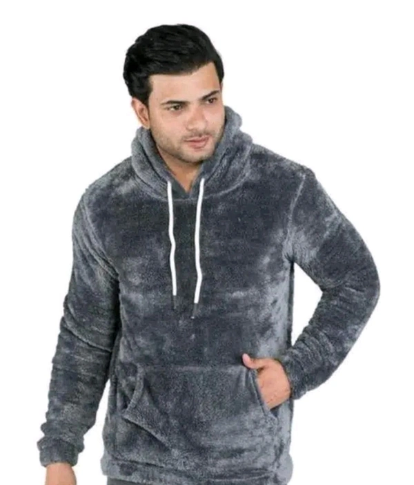 Woolen Full Sleeves Hooded Sweatshirt for Men - M, Gray