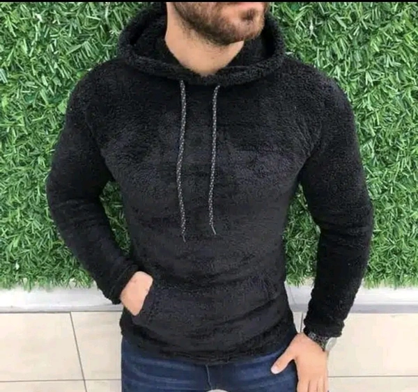Woolen Full Sleeves Hooded Sweatshirt for Men - L, Black